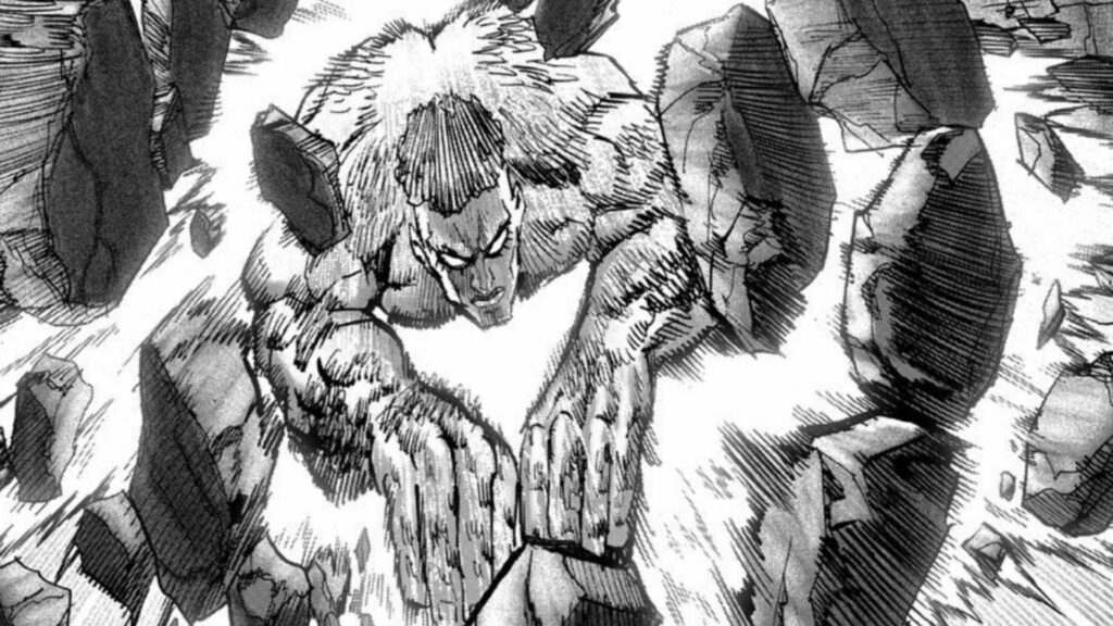 Puri Puri Prisoner is diving through rocks in a still from One Punch Man manga