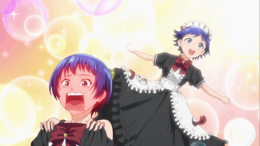 aina wearing a maid outfit and getting embarrassed