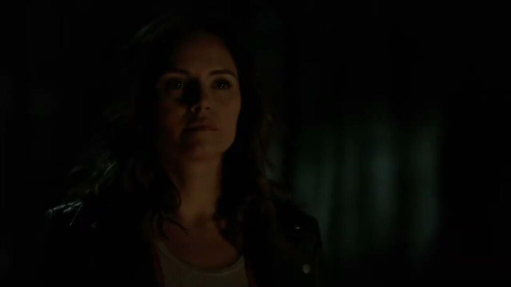 Leslie-Anne Huff as Rayna Cruz with long dark hair photographed in very low lighting, creating a moody, shadowy portrait.