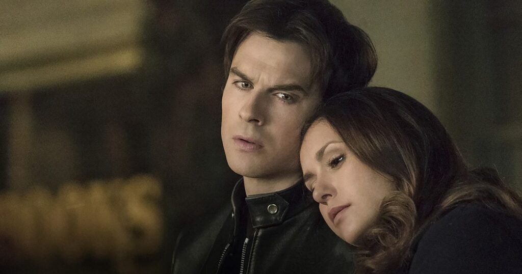 Nina Dobrev and Damon Salvatore in The Vampire Diaries