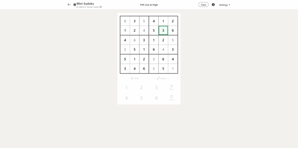 A screenshot of today's LinkedIn Mini Sudoku.