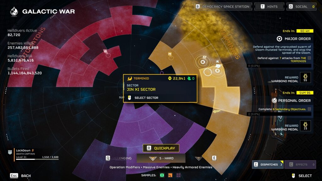 Helldivers 2 galactic war map screenshot showcasing the ongoing Terminid defense Major Order.
