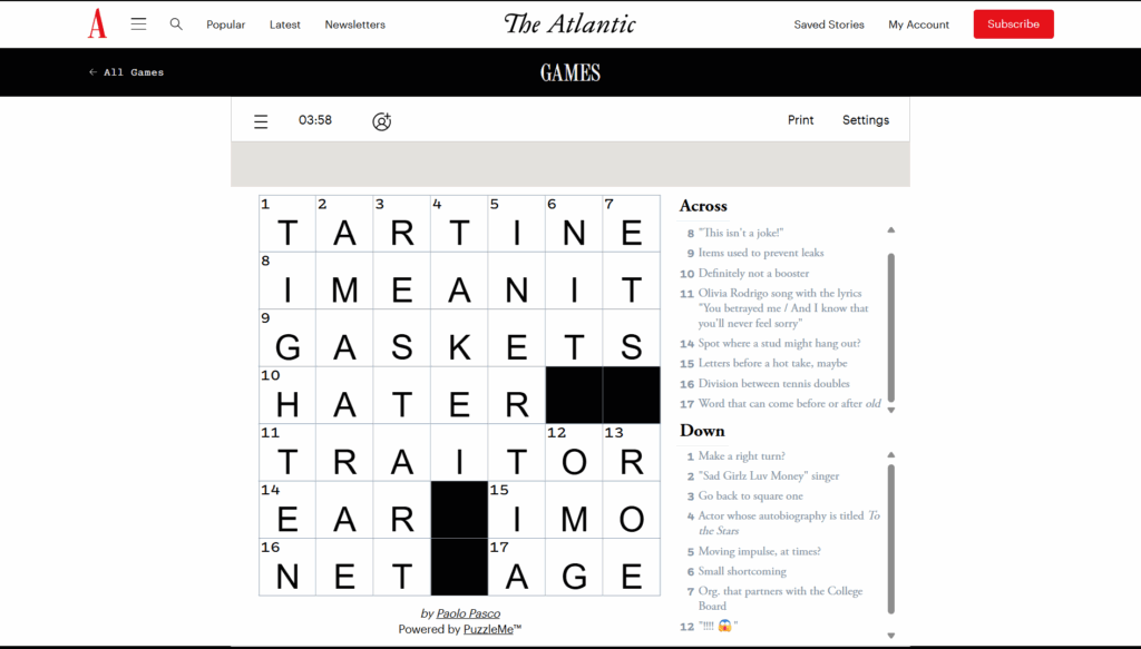 Solution for the Atlantic Games' crossword puzzle