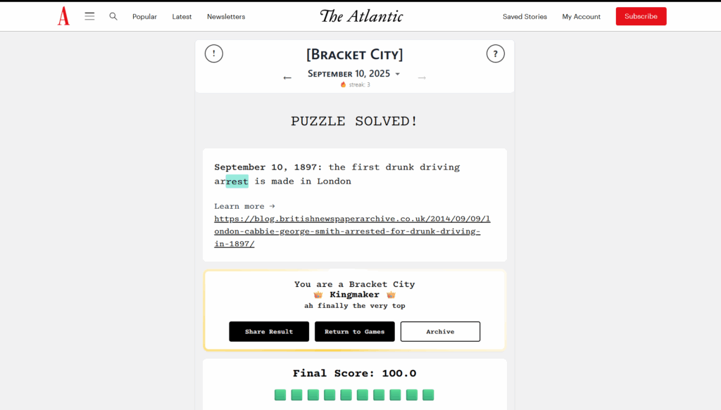Solution for the Atlantic Games' bracket city puzzle