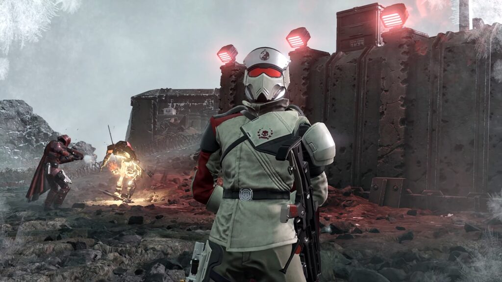 Helldivers 2 scene featuring a Truth Enforcer posing for the camera. 