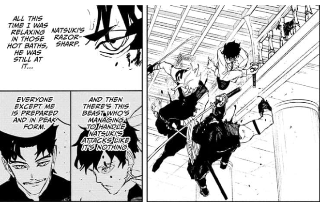 Uruha and Natsuki facing Hokuto and Yura from Kagurabachi Chapter 92.