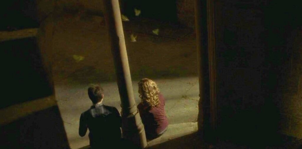 Harry sitting with Hermione while she conjures birds.