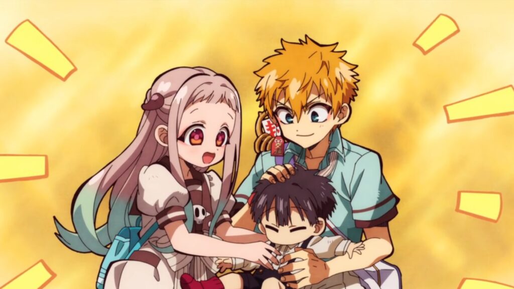 Nene and Kou are cuddling Tsukasa in Toilet-bound Hanako-Kun