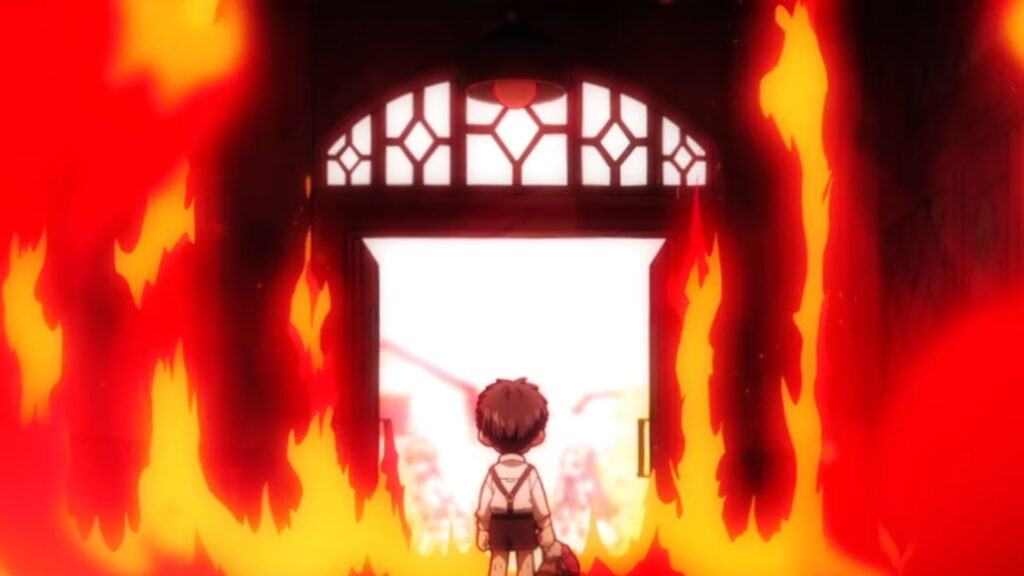 Tsukasa is standing in a house thats ablaze 