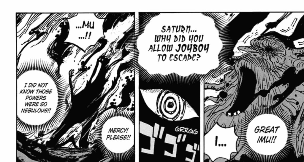Imu steals Saturn's life force in One Piece.