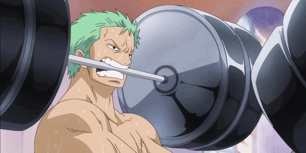 Roronoa Zoro working hard and training in One Piece.