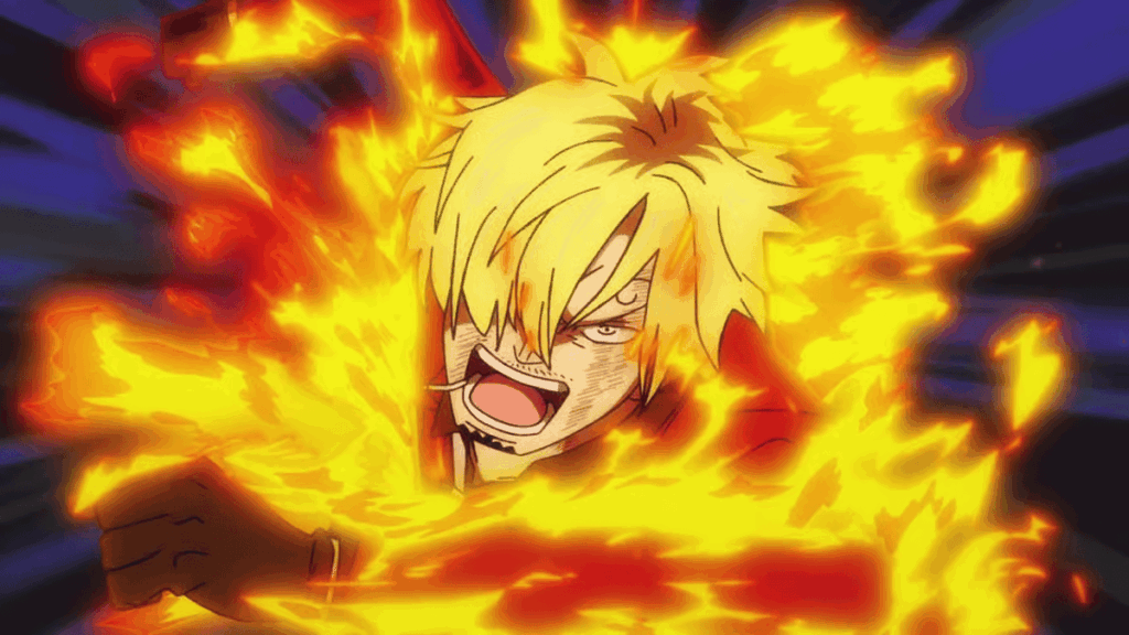Sanji covered in flames from Diable Jambe in One Piece.