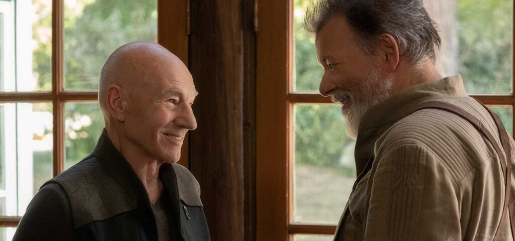 William Riker and Captain Picard greet each other