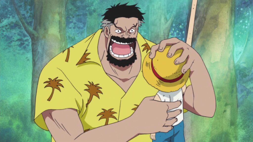 Garp is holding Luffy in his hand in One Piece