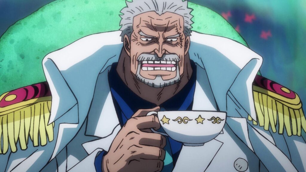 Garp is holding a tea cup in One Piece 