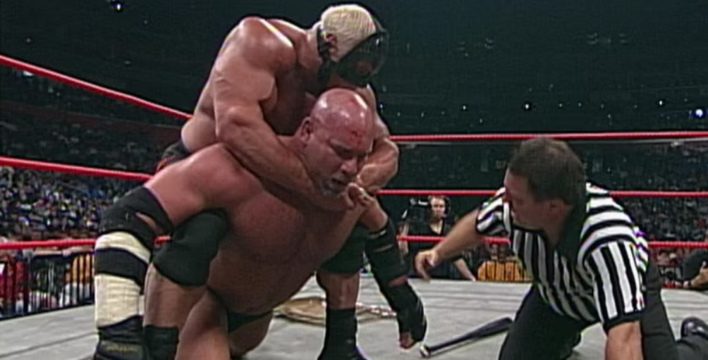 Scott Steiner chocking out Goldberg at Fall Brawl 2000