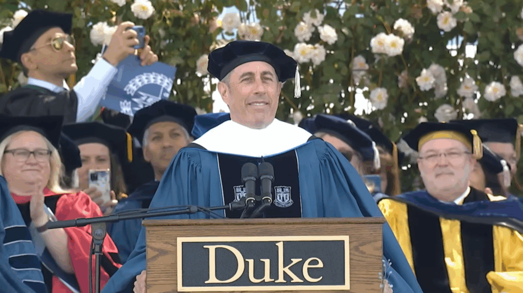 Jerry Seinfeld delivering his commencement speech at the Duke University in 2024.