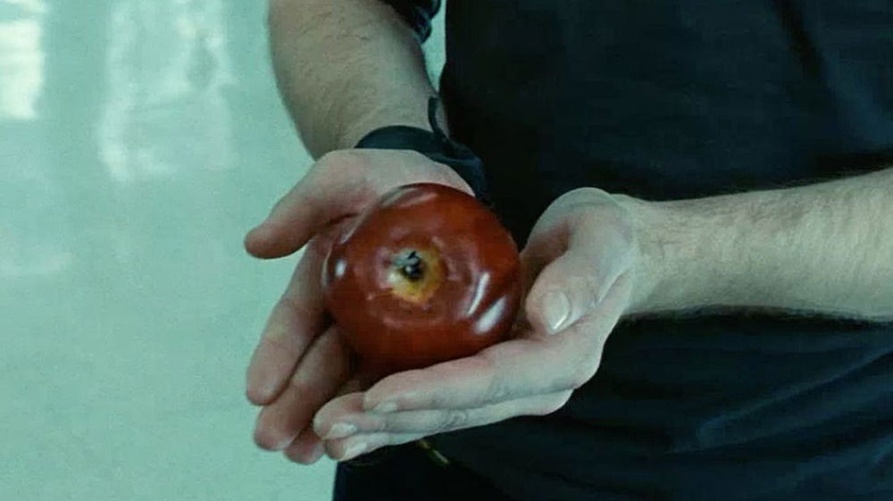 A close-up of Edward's (Robert Pattinson) pale hands holding a red apple, recreating the iconic imagery from the Twilight book cover that became symbolic of the forbidden romance.