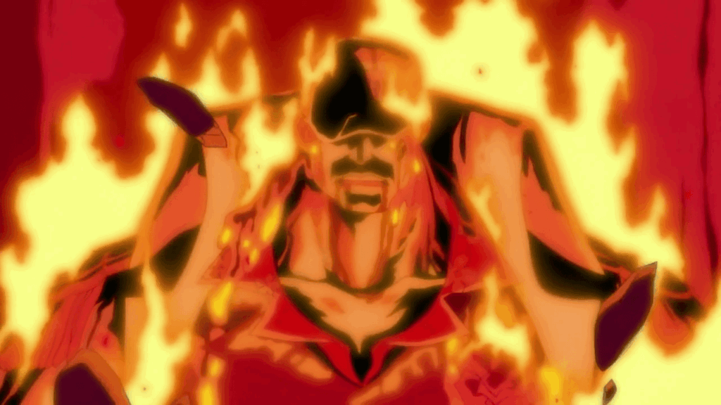 Akainu covered in magma in One Piece. 