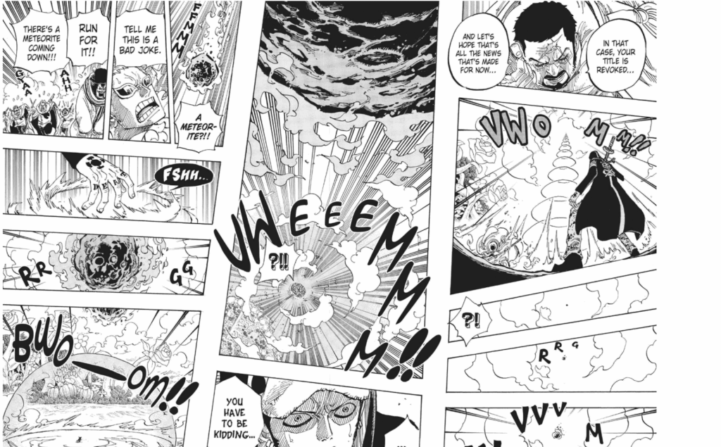 A panel showing Fujitora summoning a meteor and everyone panicking in One Piece.