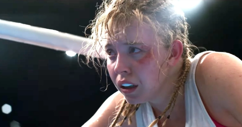 Sydney Sweeney panting in a still from Christy