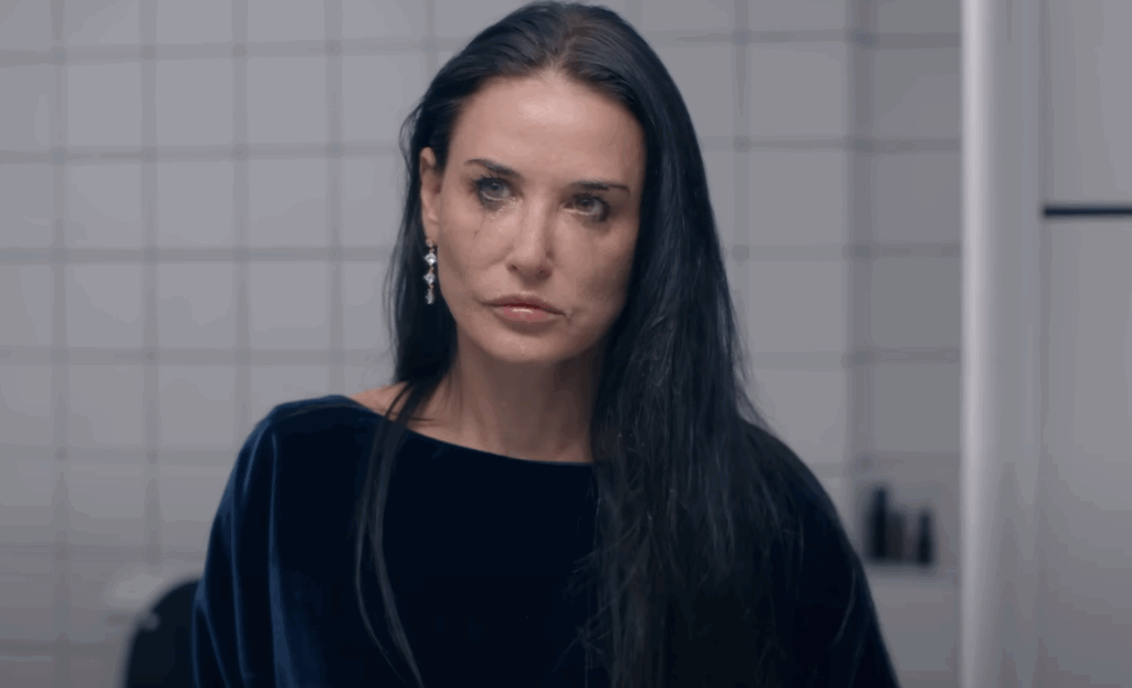 Demi Moore in a black outfit, crying as her mascara smears. 