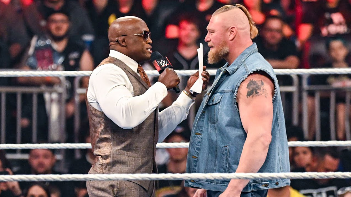Bobby Lashley and Brock Lesnar during a promo face-off in WWE