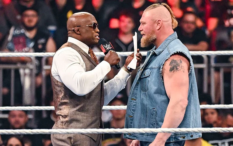 Bobby Lashley and Brock Lesnar during a promo face-off in WWE