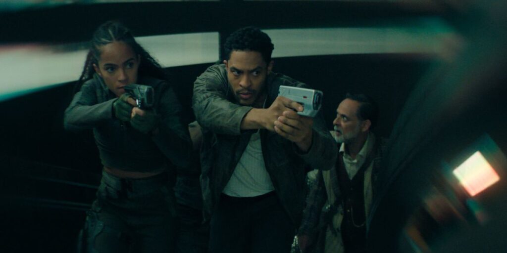 Lou Llobell, Brandon Bell and Alexander Siddig run with guns pointed in Foundation season 3 finale