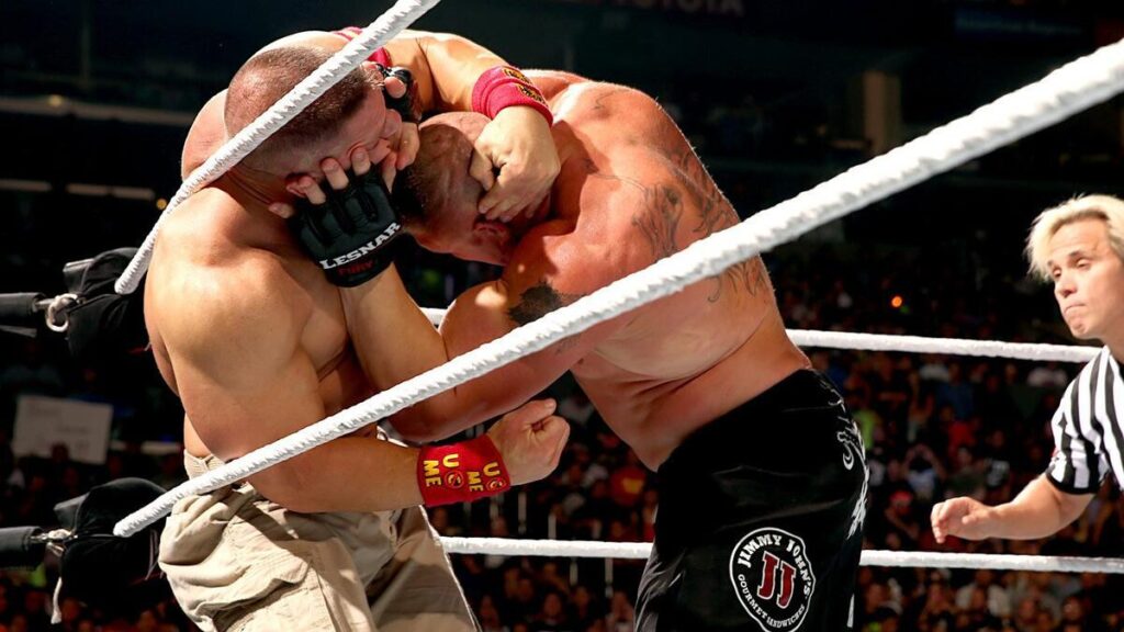 An intense tussle between John Cena and Brock Lesnar