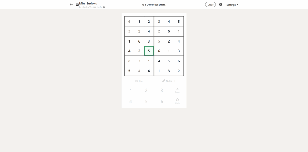 A screenshot of today's LinkedIn Mini Sudoku.