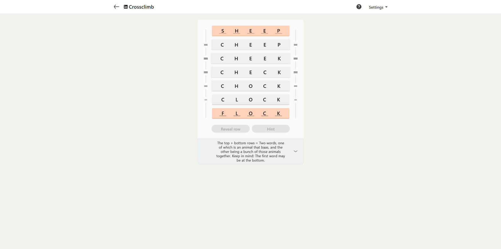 A screenshot of today's LinkedIn Crossclimb.