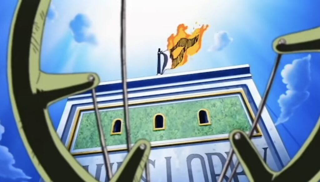 Usopp shoots down the World Government flag in One Piece. 