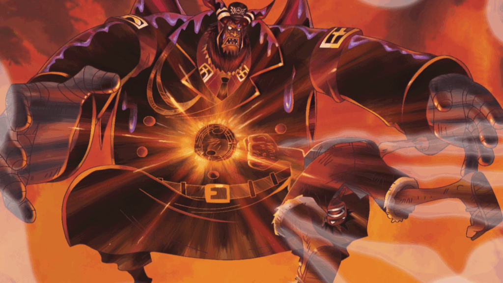 Luffy strikes Magellan in One Piece. 