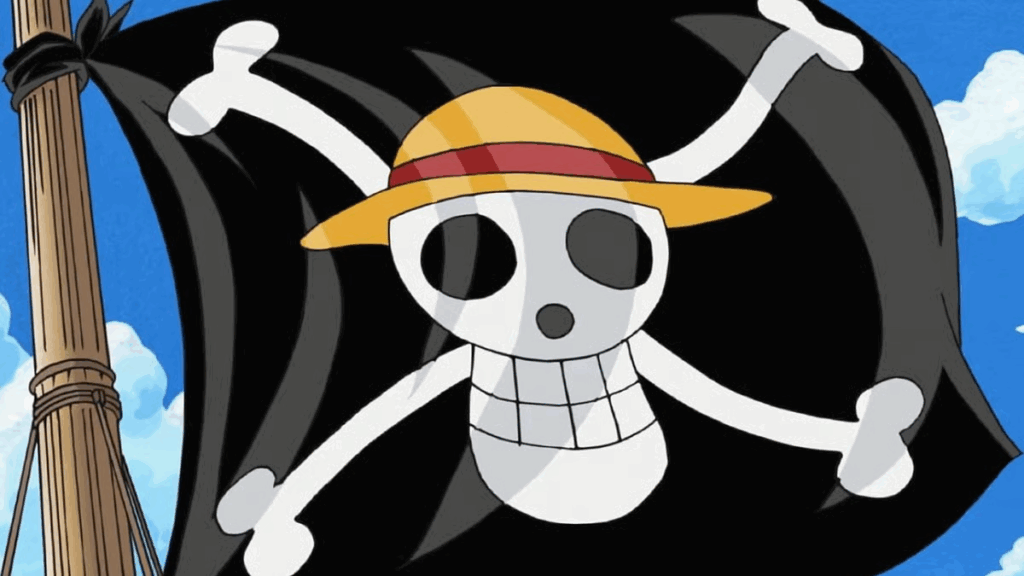 The Straw Hat Pirates' Jolly Roger waving in the wind in One Piece. 