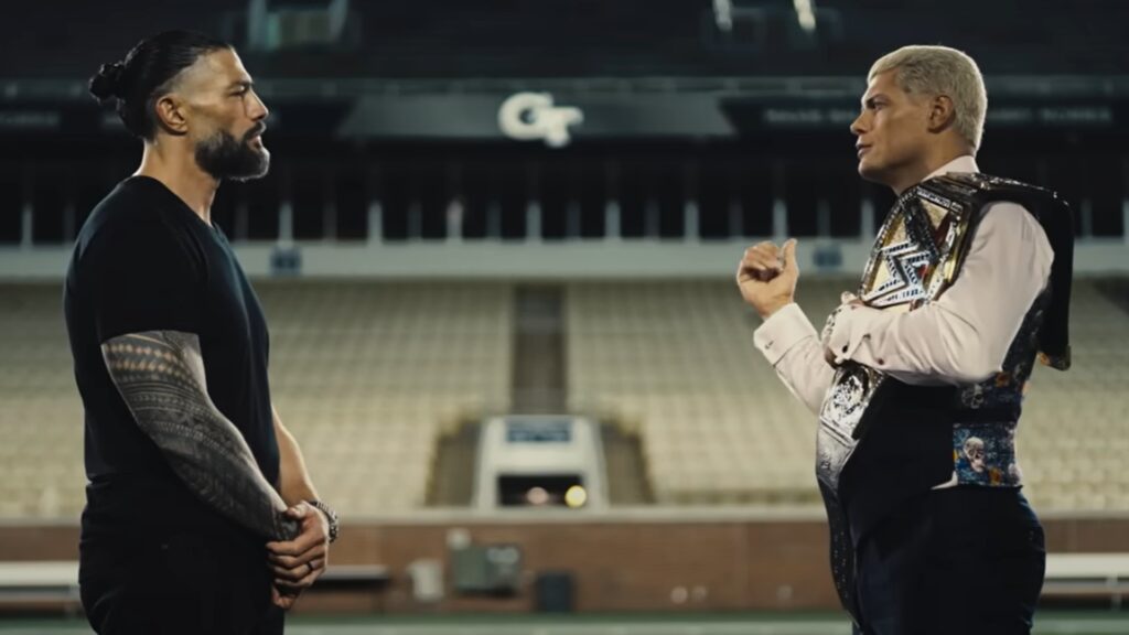 Roman Reigns and Cody Rhodes entered a temporary truce, standing in the football stadium of Georgia Tech Yellow Jackets (Sept. 20, 2024)