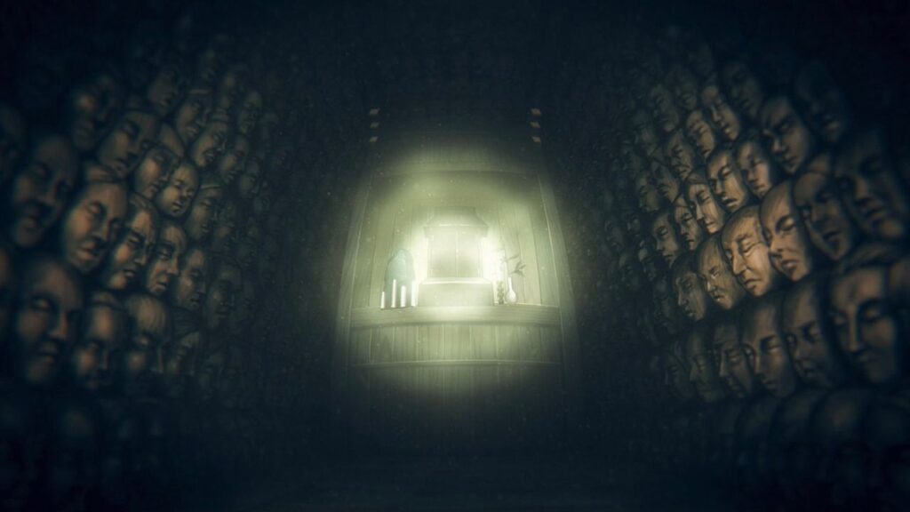 Human heads made of wood in The Summer Hikaru Died episode 10