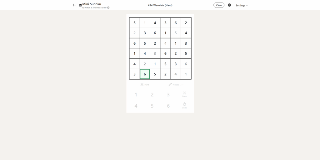 A screenshot of today's LinkedIn Mini Sudoku.