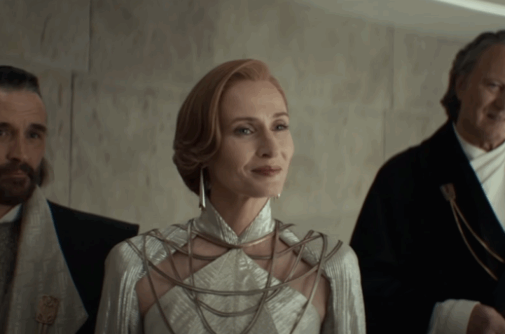 Genevieve O’Reilly's Mon Mothma in a white dress and short hair in Andor.