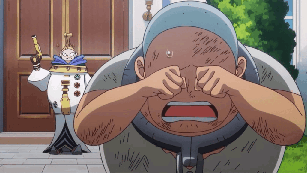 A young Kuma enslaved and threatened by a Celestial Dragon in One Piece.