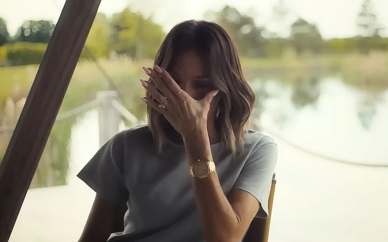 Victoria Beckham, crying in a still from Netflix's Victoria Beckham Docuseries