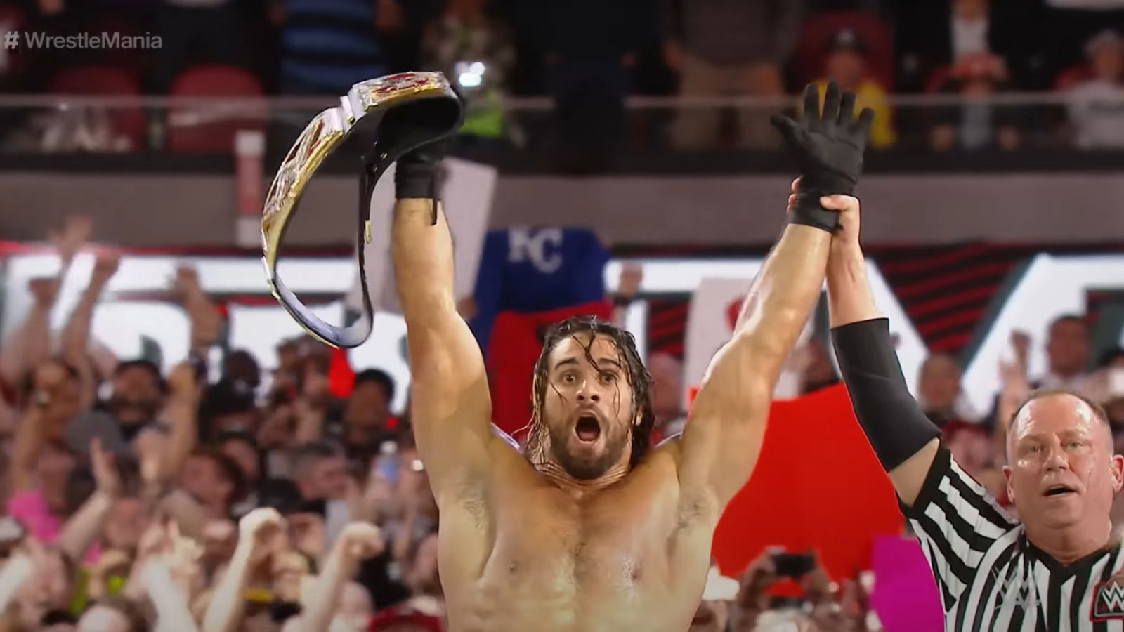 Seth Rollins after winning the WWE Championship at WrestleMania 31 via his Money in the Bank cash in