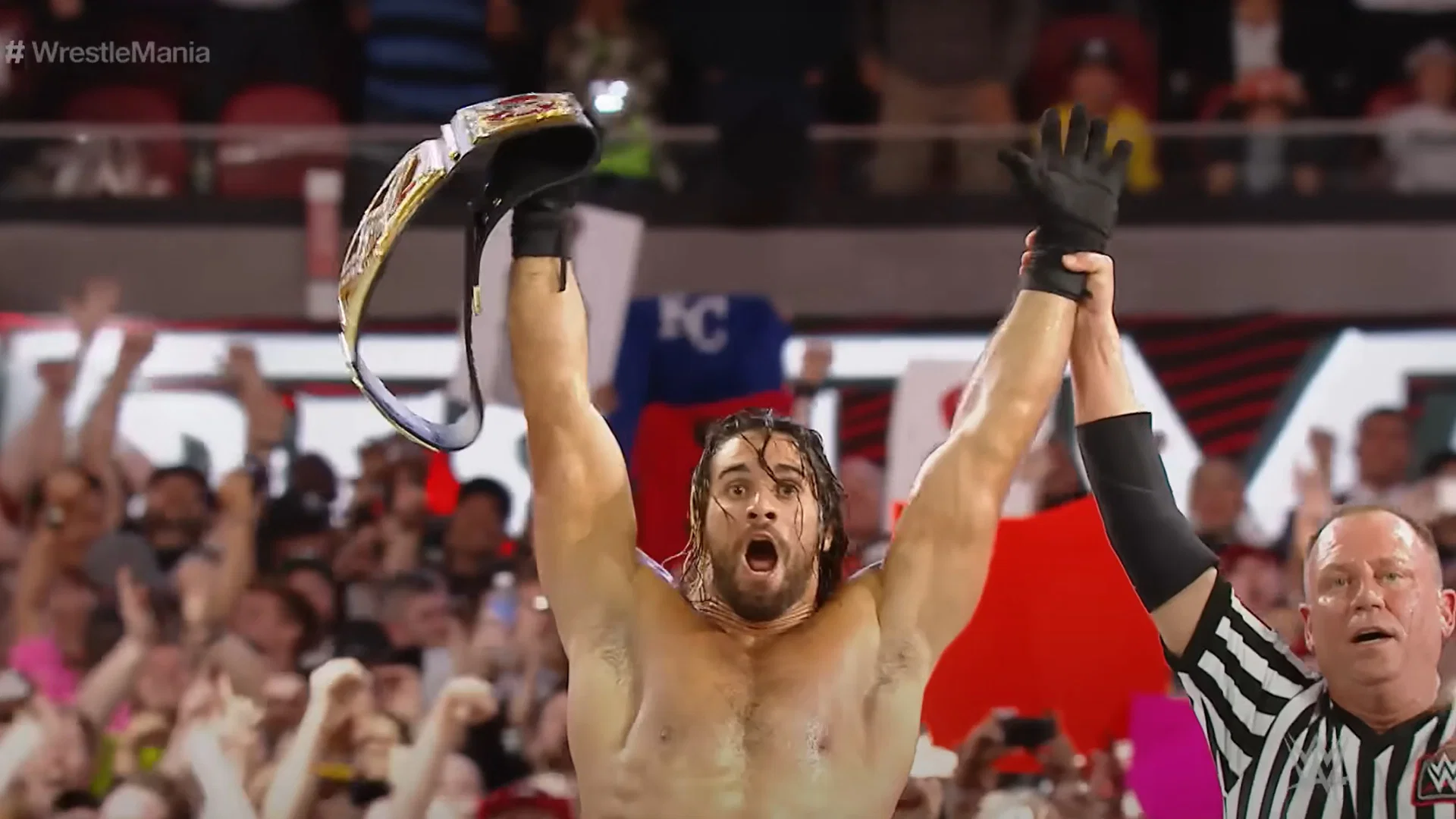 Seth Rollins after winning the WWE Championship at WrestleMania 31 via his Money in the Bank cash in