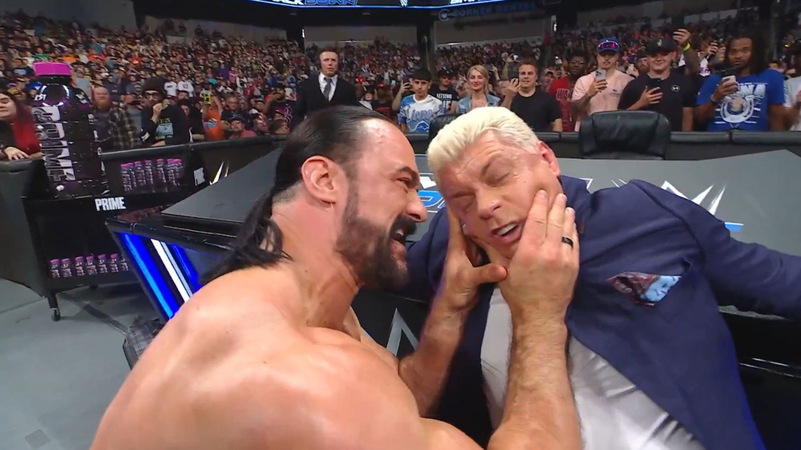 Drew McIntyre grabbing Cody Rhodes by the face on SmackDown (September 19, 2025)