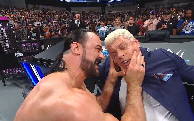 Drew McIntyre grabbing Cody Rhodes by the face on SmackDown (September 19, 2025)