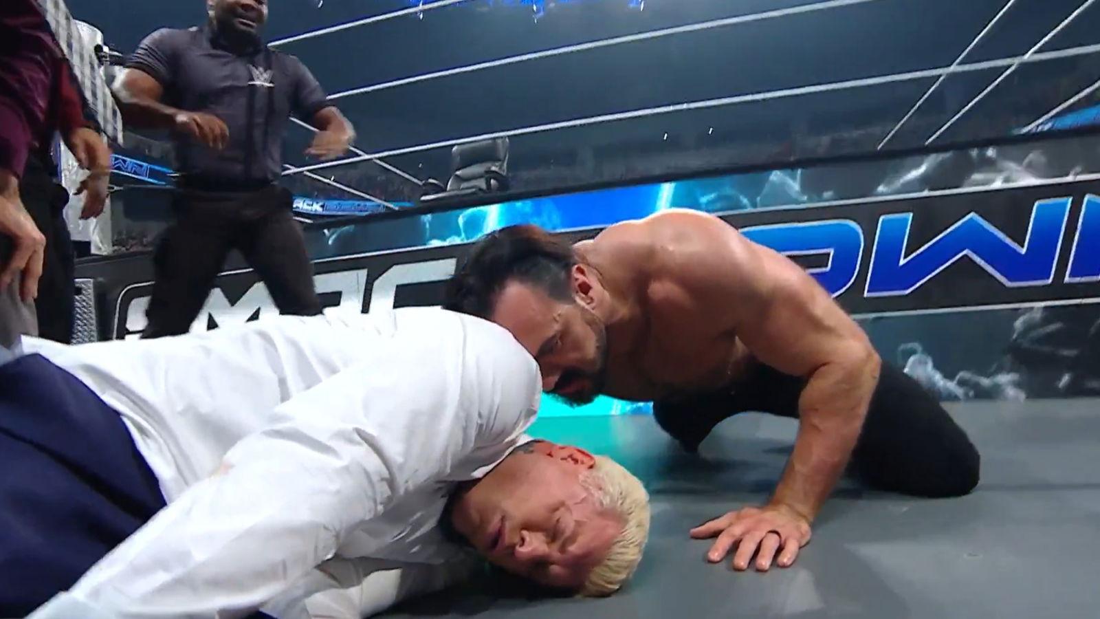 Drew McIntyre whispering a threat to Cody hodes (September 19, 2025)