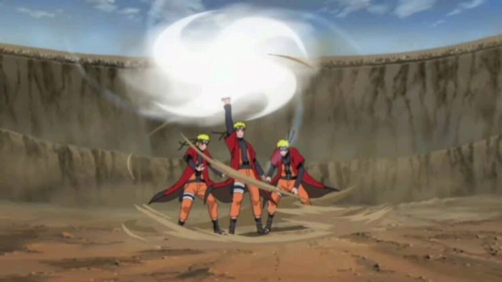 Naruto Uzumaki using the Wind Style: Rasenshuriken technique from Naruto Shippuden.