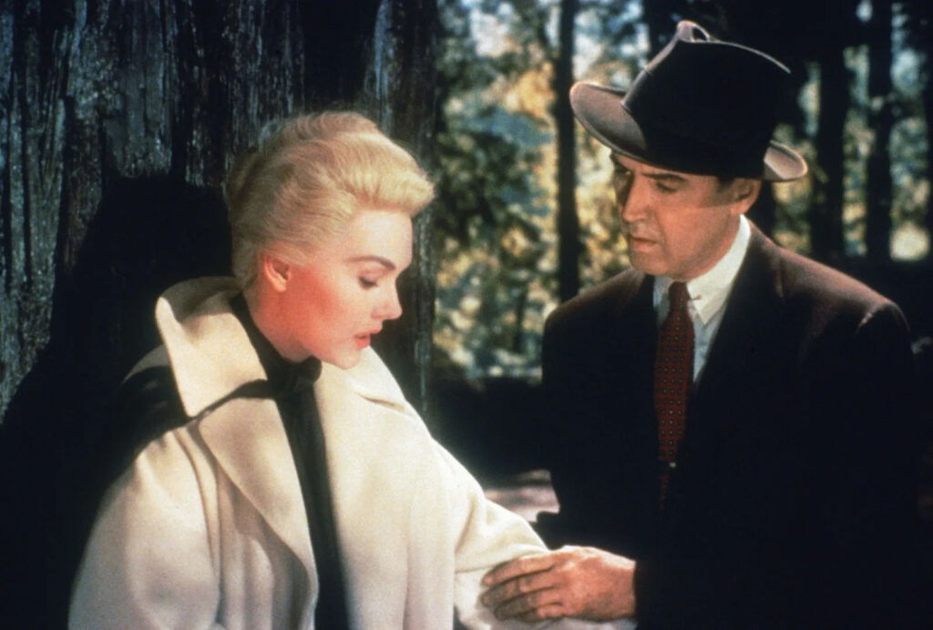 James Stewart and Kim Novak in Alfred Hitchcock's Vertigo (1958).