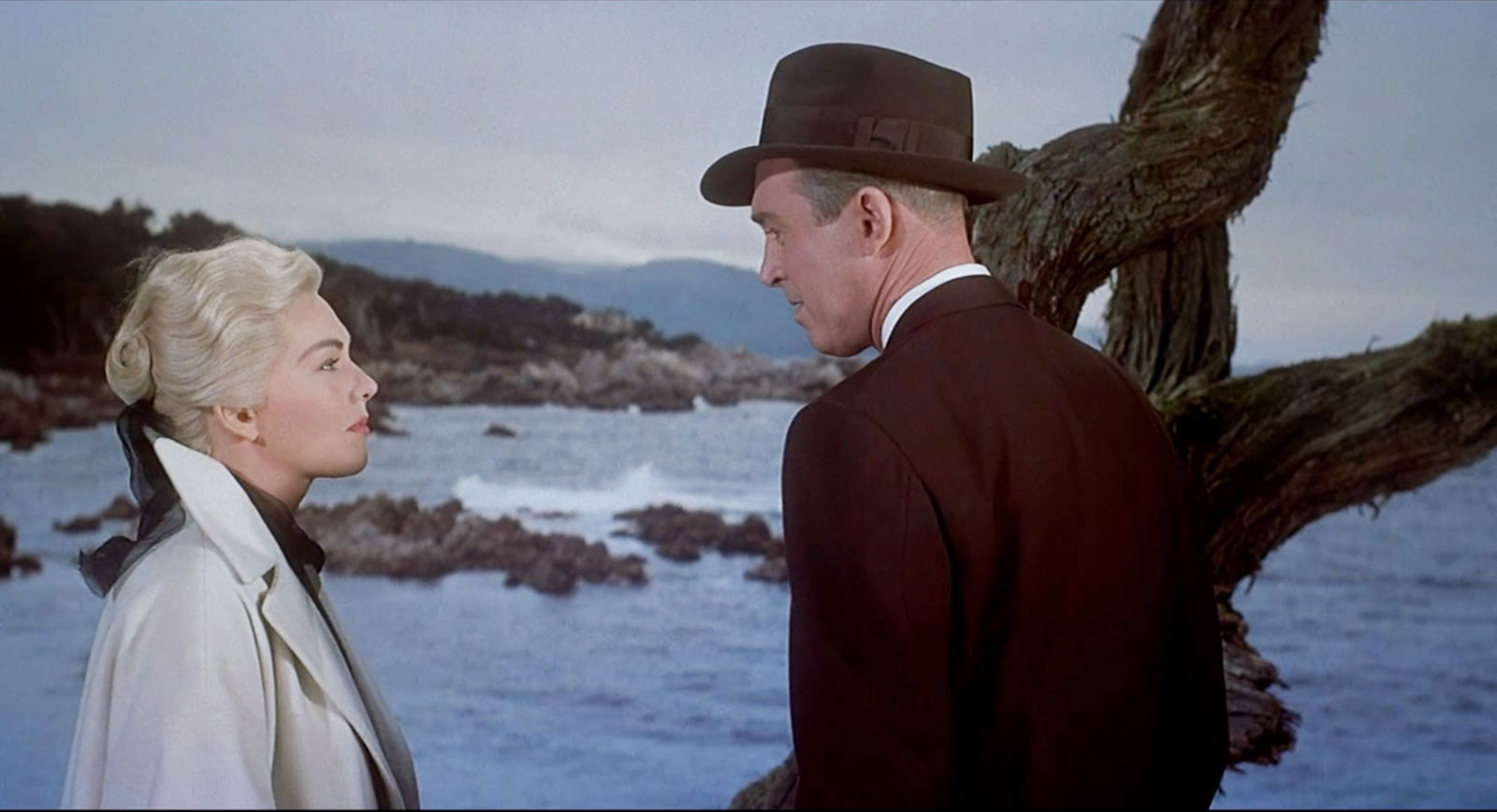 James Stewart and Kim Novak in Alfred Hitchcock's Vertigo (1958).