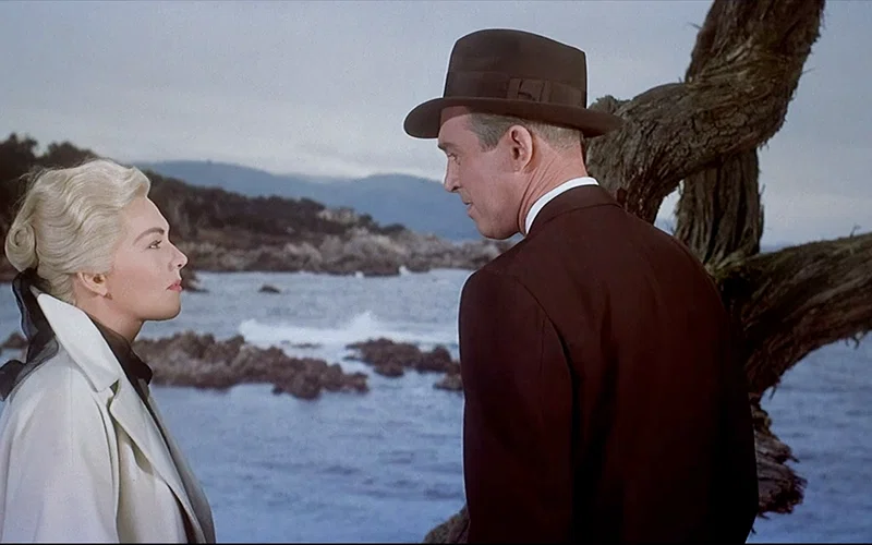 James Stewart and Kim Novak in Alfred Hitchcock's Vertigo (1958).